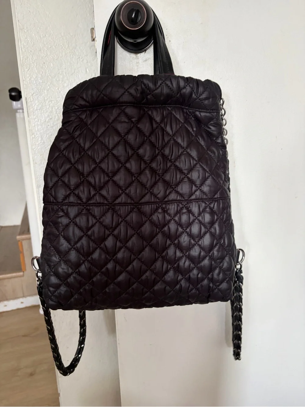 MZ Wallace Quilted Black Nylon Backpack with Chain-Strap Detail